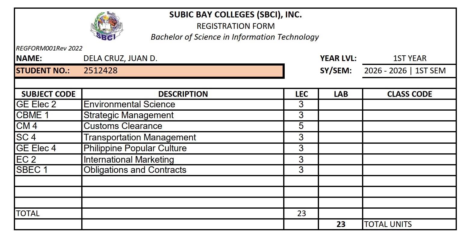 Sample SBCI registration form with the student number highlighted